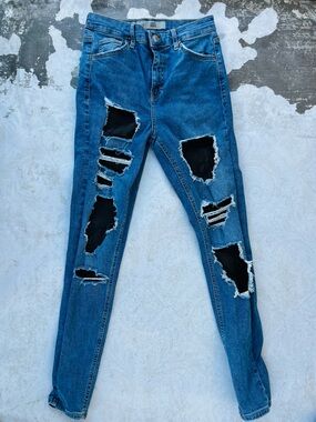 Topshop Blue Ripped Skinny Jeans with Black Mesh Insets